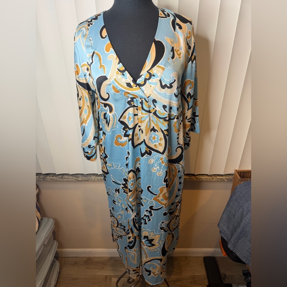Zara Blue Printed Satin Relaxed Fit Paisley Floral Kaftan Tunic Dress Size XS
